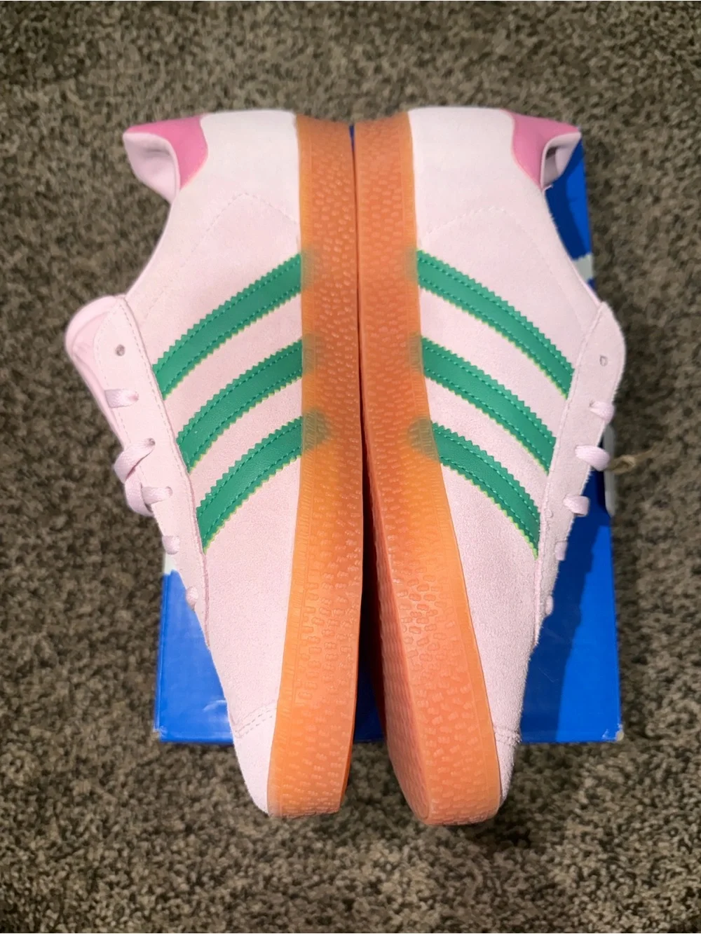 adidas Kids Pink Suede Sneakers with Green Stripes and Gum Sole